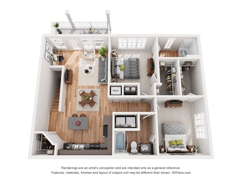 a stylized floor plan with a bedroom and a living room